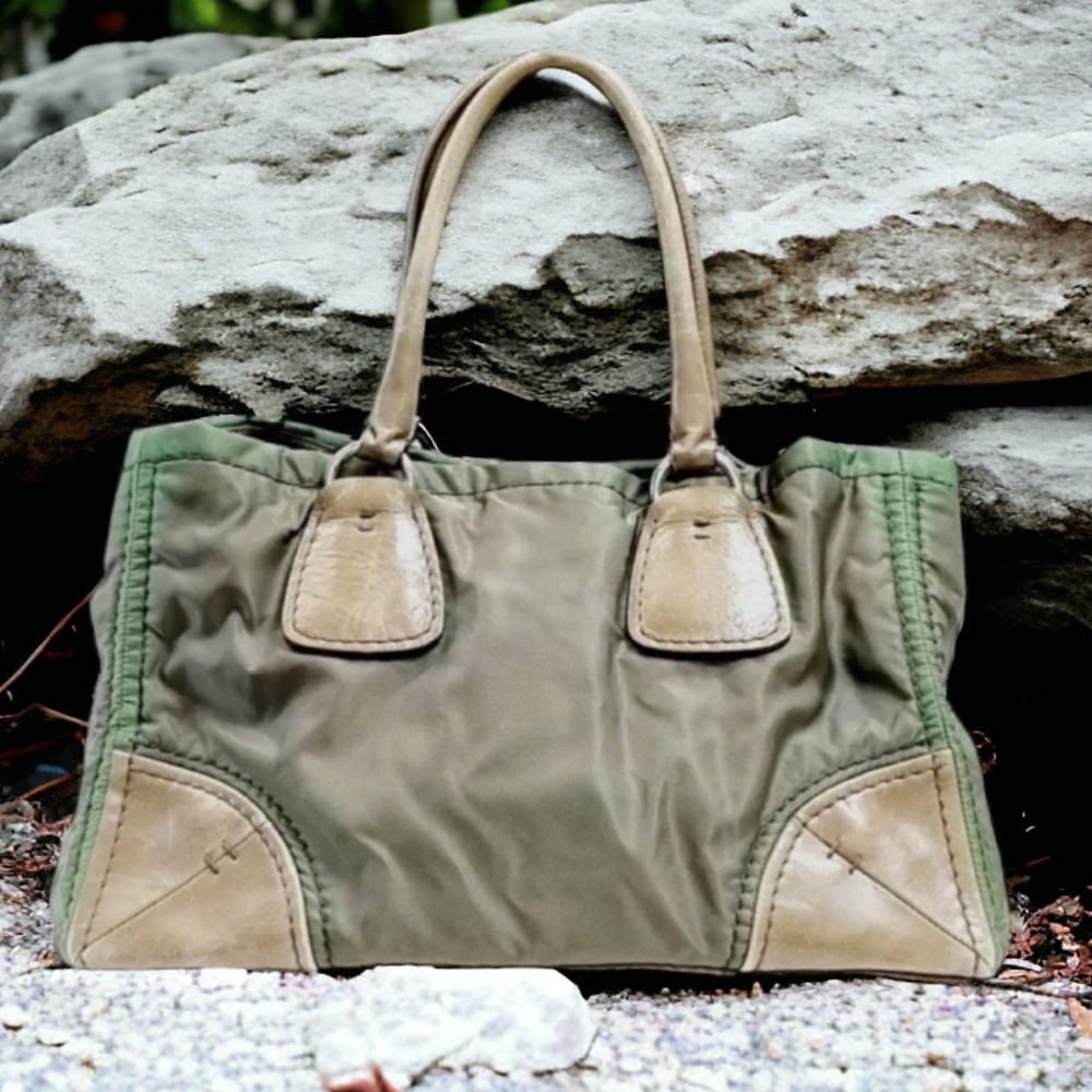 Prada Hand Bag Ombré Green Nylon + Leather Clean Interior Inner Pockets Vintage